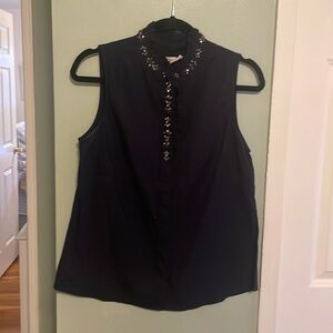 J Crew Navy Ruffle Color Jeweled Blouse Size 8